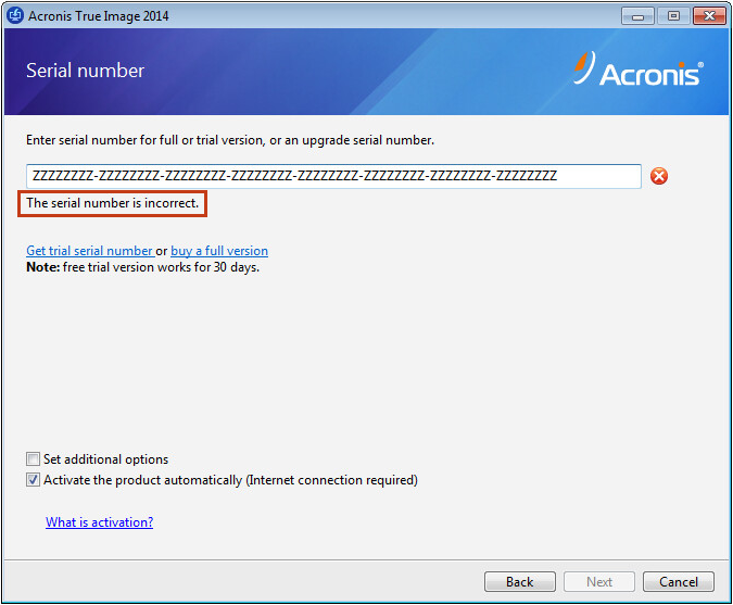 acronis true image asking for serial number